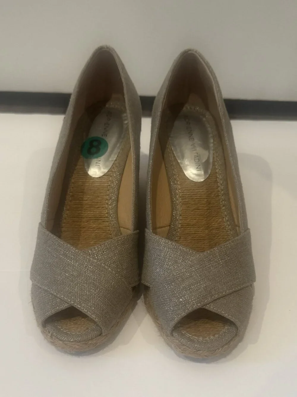 Adrienne Vittadini Bailee Silver Metallic Linen Espadrille Wedge Sandals Size 8